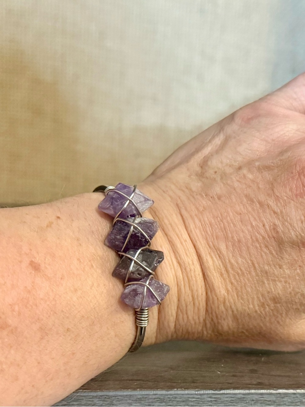 Kinsley Armelle Genuine Raw Amethyst Wire Wrapped Silver Cuff Bracelet